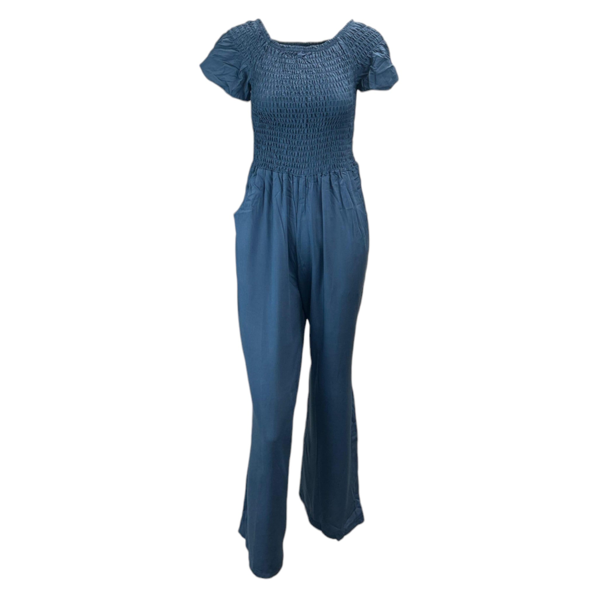 Denim Blue women's shirred jumpsuit with puff sleeves and wide-leg cropped